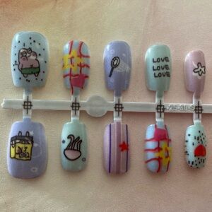 [S] 💅 10Pcs Wearable Press on Nails Short Square Love Sponge Bob Star Jellyfish